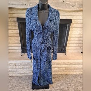 Duster Length Sweater Coat Wool Blend Women's Belted Blue Black Vintage S/XS